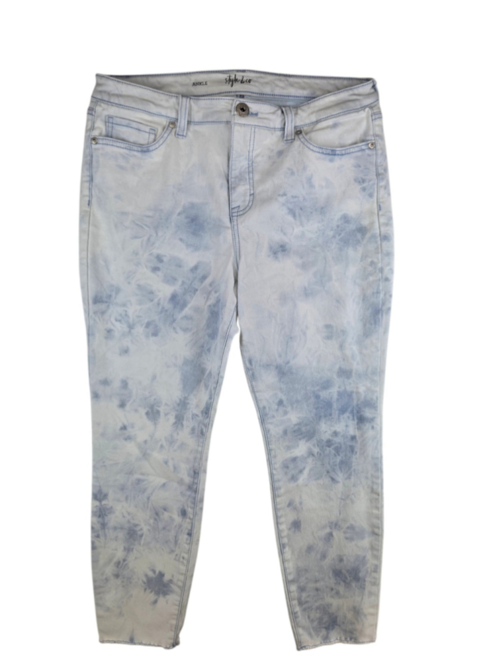 Style & Co. Light Blue Tie-Dye Stretch Uptown Ankle Skinny Jeans Raw Hem Size 12
